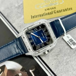 Cartier Santos Replica Watches Custom Diamonds Moissanite Blue (10)