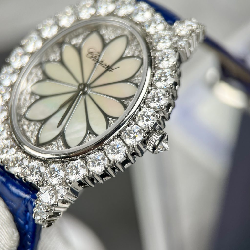 Chopard Replica Watches Custom Moissanite Diamonds Blue Leather 34mm (1)