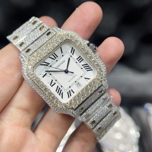 Cartier Santos Iced Out Moissanite Demi Gold Replica Watch (1)