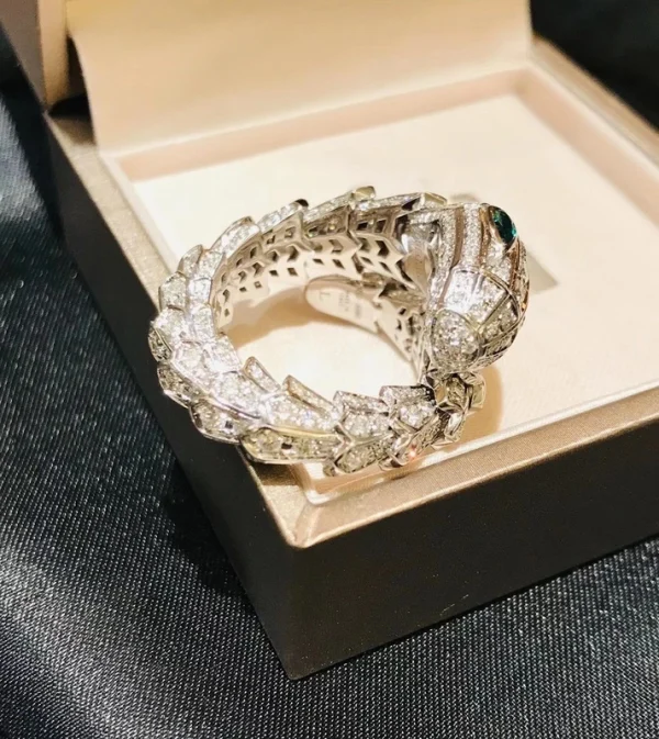 Bvlgari Serpenti Viper Rings Custom Diamond 18K White Gold Emerald Eyes (2)