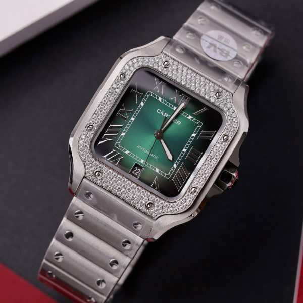 Cartier Santos Customs Moissanite Diamonds Green Dial (10)