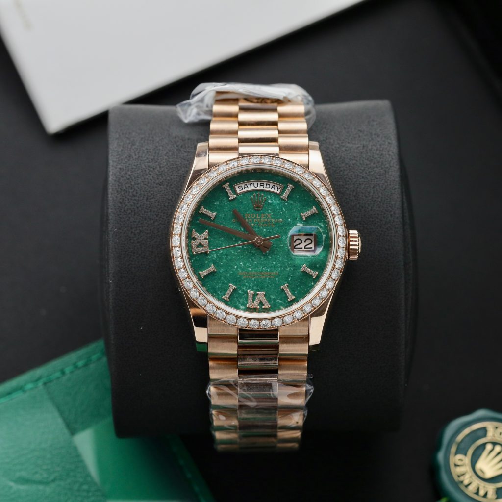 Rolex Day-Date 128235 Green Aventurine Dial Gold Wrapped & Moissanite (11)