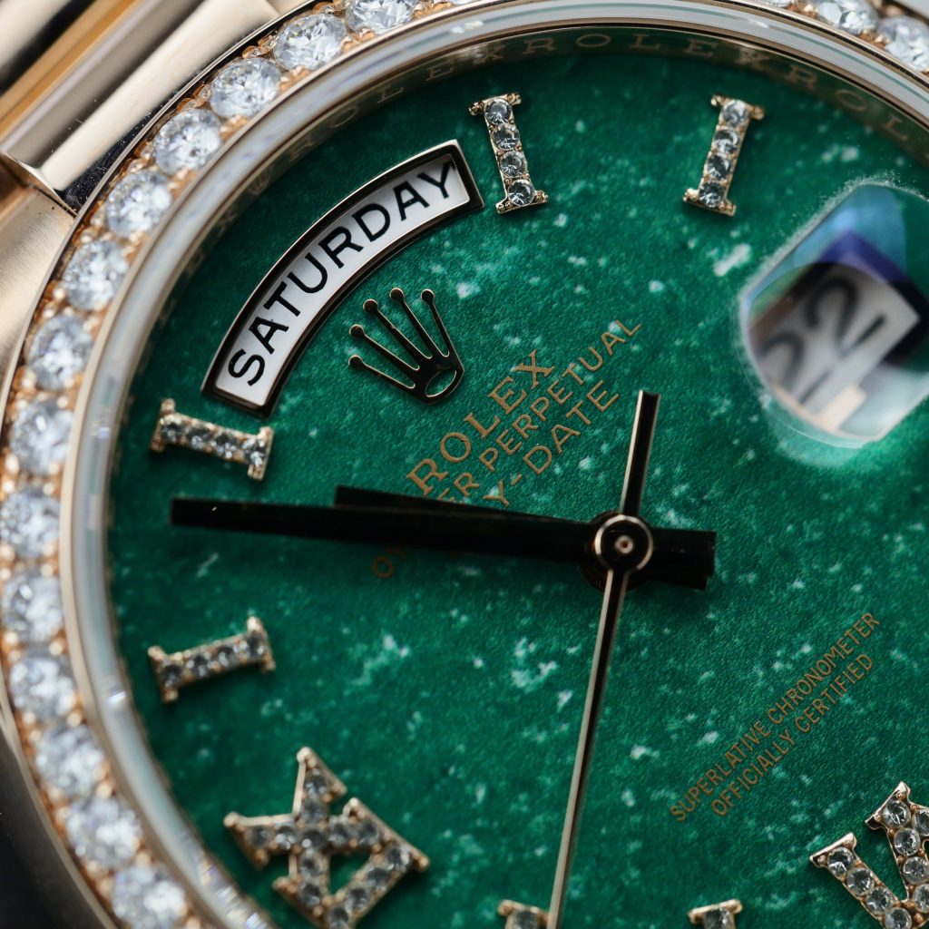 Rolex Day-Date 128235 Green Aventurine Dial Gold Wrapped & Moissanite (11)