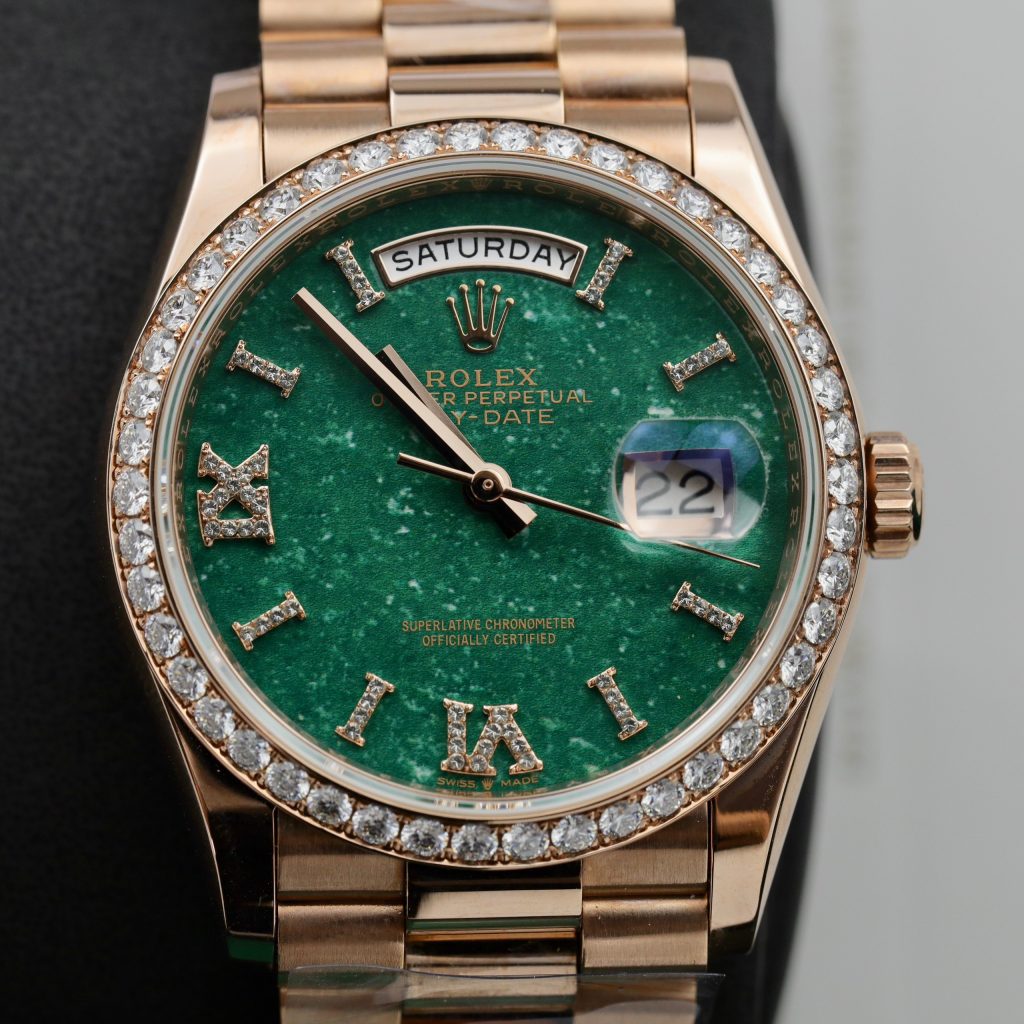 Rolex Day-Date 128235 Green Aventurine Dial Gold Wrapped & Moissanite (11)