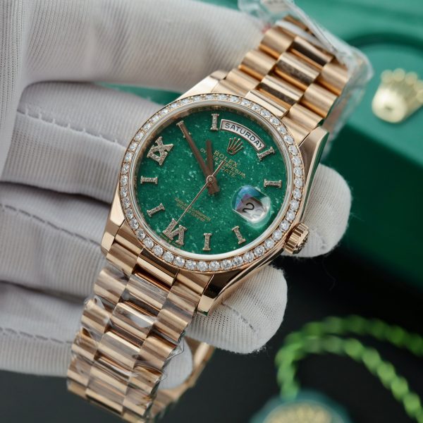 Rolex Day-Date 128235 Green Aventurine Dial Gold Wrapped & Moissanite (11)