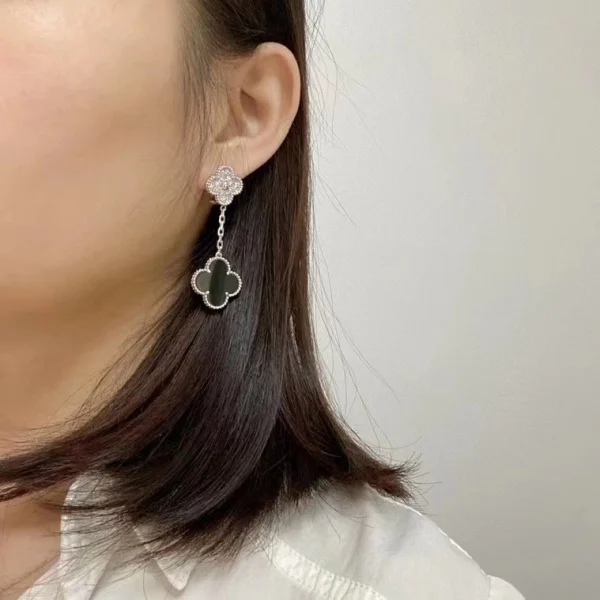Van Cleef & Arpels Magic Alhambra Earrings 2 Motifs With Agate Diamond White Gold 18K Custom (2)