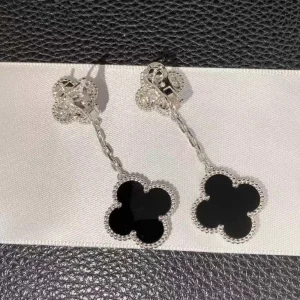 Van Cleef & Arpels Magic Alhambra Earrings 2 Motifs With Agate Diamond White Gold 18K Custom (2)