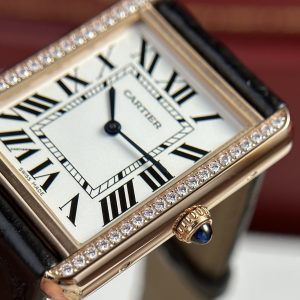 Cartier Tank Solo Custom Bezel Diamonds Black Leather Strap (1)