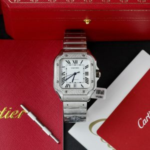 Cartier Santos Customs Moissanite Diamonds Bezel White Dial 39 (10)