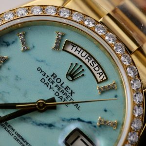 Rolex Day-Date 128238 Turquoise Dial Gold Wrapped Customs Moissanite Diamonds 36mm (1)