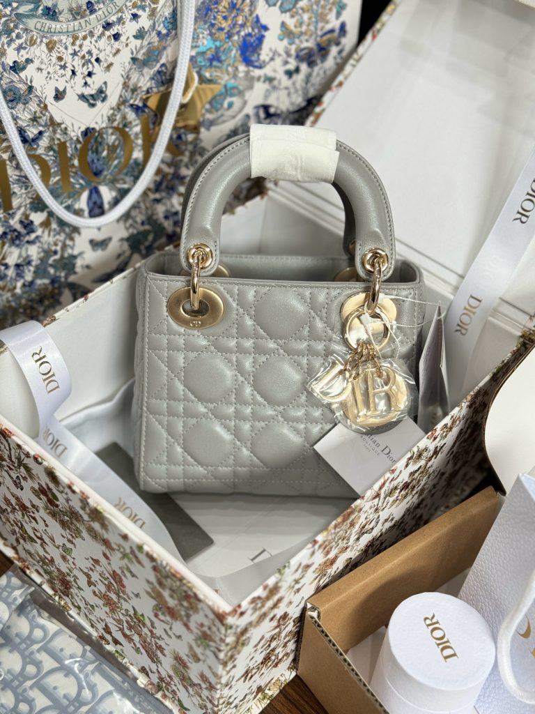 Dior Lady Womens Gray Best Replica Bags Gold Lock 17cm (2)