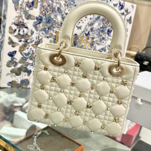 Dior Lady Womens White Replica Bags Lock Rose Gold 20cm (2)