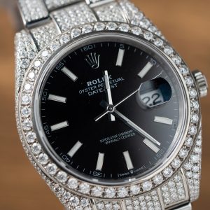 Rolex DateJust Replica Watch Custom Moissanite Diamonds Black Dial 41mm (2)