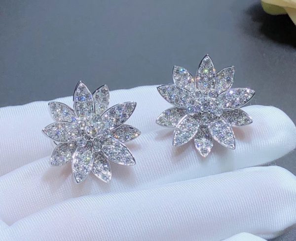 Van Cleef & Arpels Lotus Face Design Earring Custom Natural Diamond 18K White Gold (2)