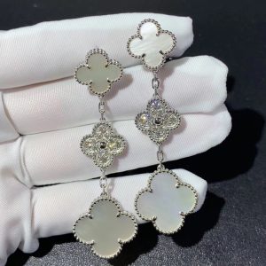 Van Cleef & Arpels Magic Alhambra Earring Custom Natural Diamond Mother Of Pearl 18K White Gold (2)