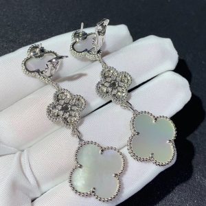 Van Cleef & Arpels Magic Alhambra Earring Custom Natural Diamond Mother Of Pearl 18K White Gold (2)