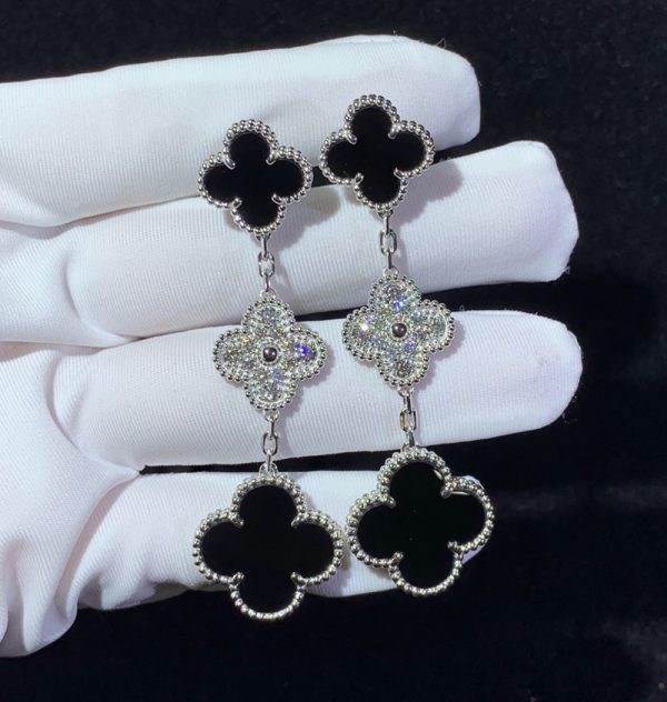 Van Cleef & Arpels Magic Alhambra Earrings Natural Diamond Agate 18K White Gold Custom (2)