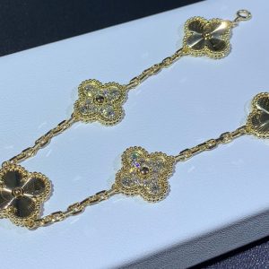 Van Cleef & Arpels Vintage Alhambra 5 Motifs Bracelet Custom Natural Diamond 18K Gold (2)