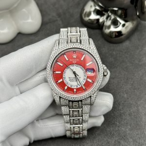 Rolex Iced Out Full Moissanite Diamonds Sky Dweller Red Dial 42mm (1)