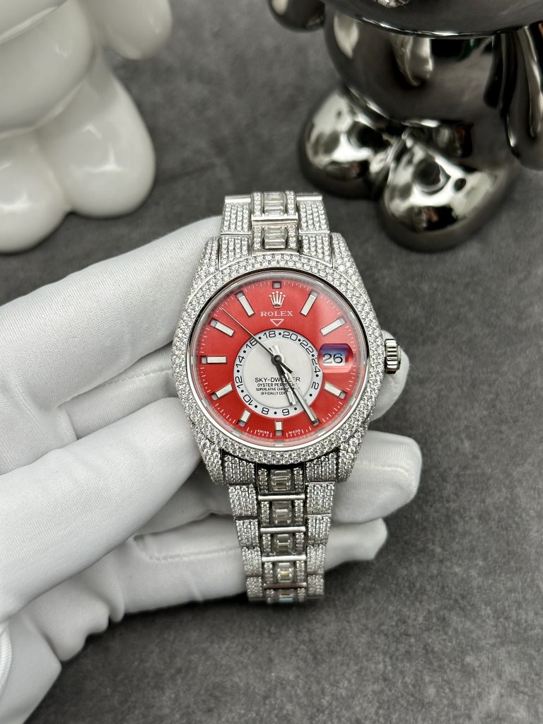 Rolex Iced Out Full Moissanite Diamonds Sky Dweller Red Dial 42mm (1)