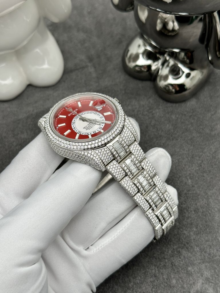 Rolex Iced Out Full Moissanite Diamonds Sky Dweller Red Dial 42mm (1)