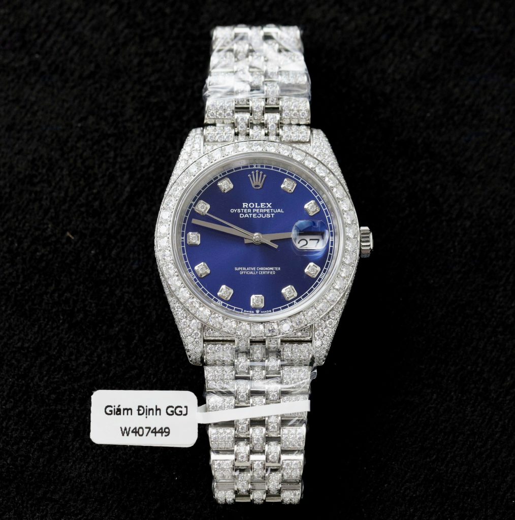 Rolex DateJust Blue Dial Replica Watch Custom Moissanite Diamonds 41mm (2)