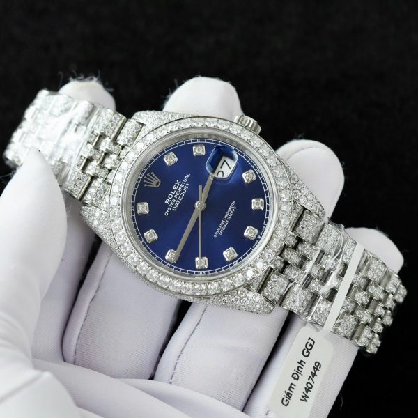 Rolex DateJust Blue Dial Replica Watch Custom Moissanite Diamonds 41mm (2)