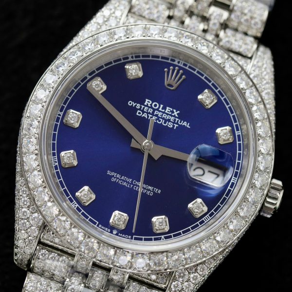 Rolex DateJust Blue Dial Replica Watch Custom Moissanite Diamonds 41mm (2)