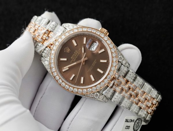 Rolex DateJust Replica Watch Dial Chocolate Custom Gold Wrapped + Moissanite Diamonds 41mm (1)