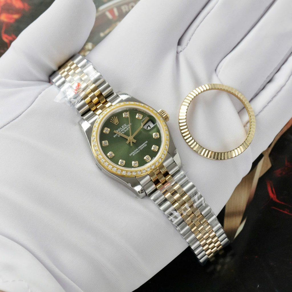 Rolex DateJust Best Replica Watch Green Dial Custom Gold Wrapped + Moissanite Diamond GMF 31mm (1)