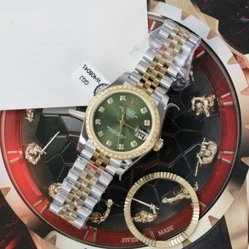 Rolex DateJust Best Replica Watch Green Dial Custom Gold Wrapped + Moissanite Diamond GMF 31mm (1)