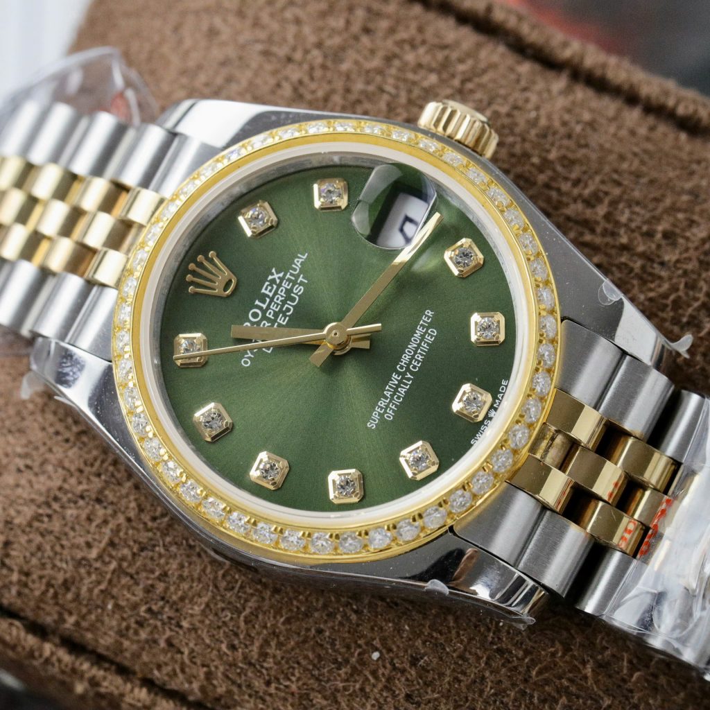 Rolex DateJust Best Replica Watch Green Dial Custom Gold Wrapped + Moissanite Diamond GMF 31mm (1)