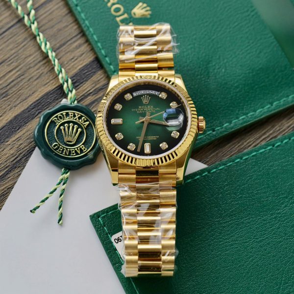 Rolex Day-Date 128238 Dial Green Ombre Replica Watch Gold Wrapped + Moisssanite Diamonds Custom 36mm (2)