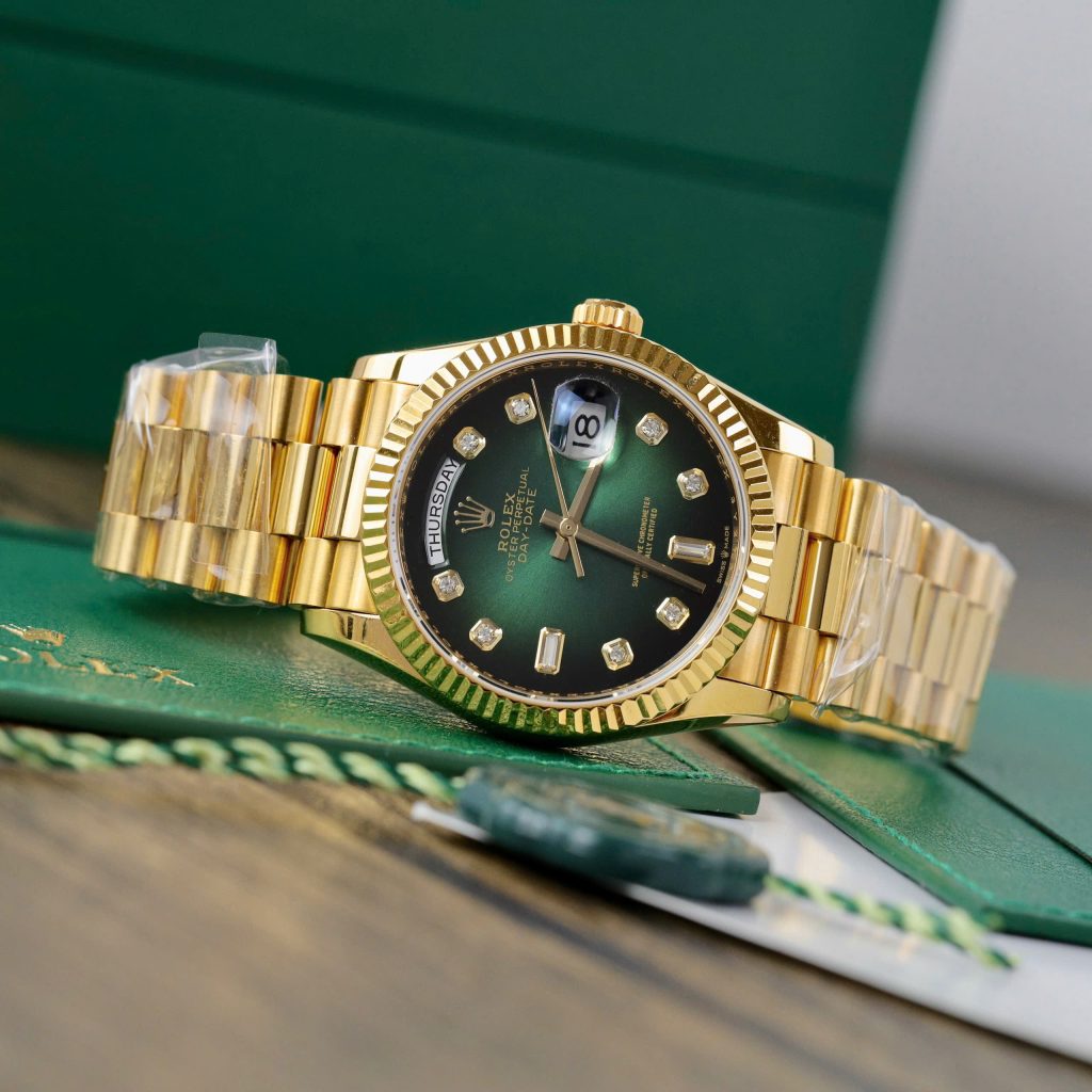 Rolex Day-Date 128238 Dial Green Ombre Replica Watch Gold Wrapped + Moisssanite Diamonds Custom 36mm (2)