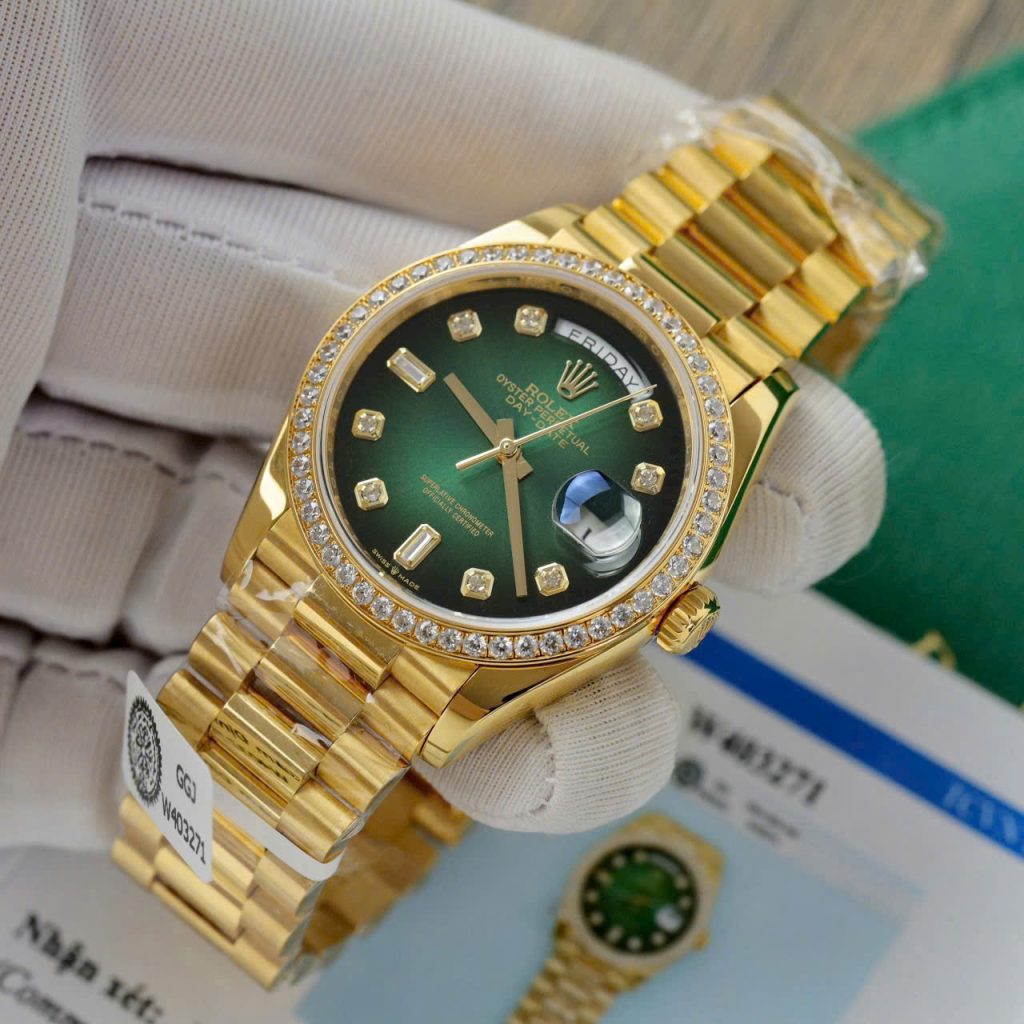 Rolex Day-Date 128238 Dial Green Ombre Replica Watch Gold Wrapped + Moisssanite Diamonds Custom 36mm (2)