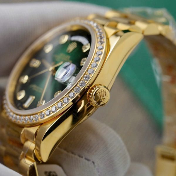 Rolex Day-Date 128238 Dial Green Ombre Replica Watch Gold Wrapped + Moisssanite Diamonds Custom 36mm (2)